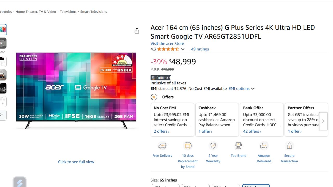 65 Inch Smart TV Under Rs 40000